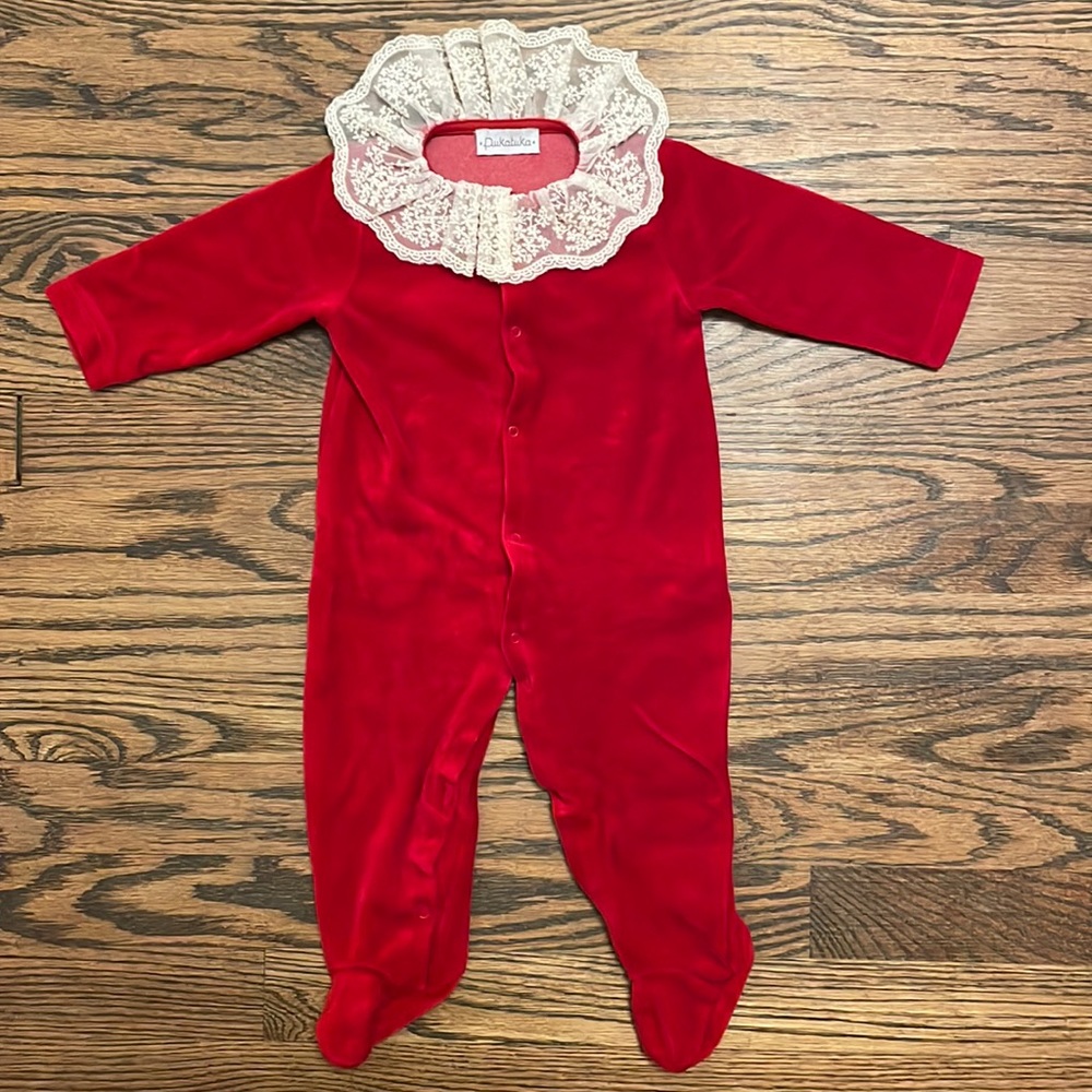 Pukatuka 6 month red velour onesie with lace collar
